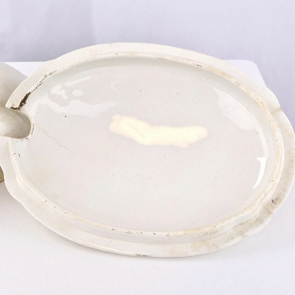 Antique White Ironstone Soup Tureen with Lid - Blue Floral, Hand Signed Base